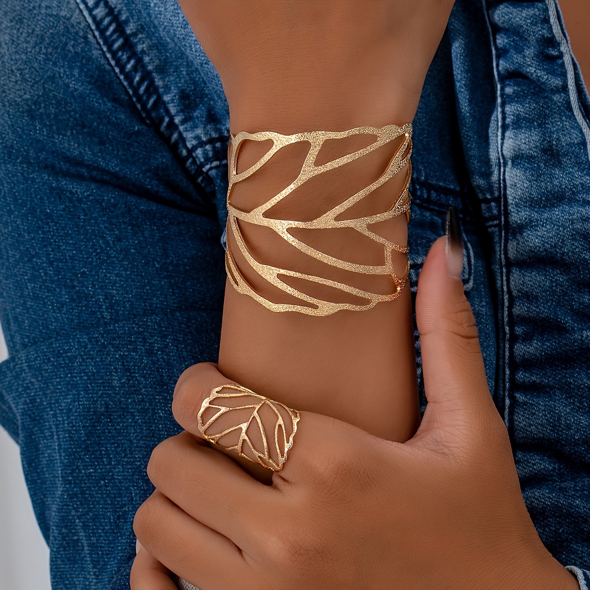 Vintage Leaf Jewelry Set: Cuff Bracelet & Ring Combo